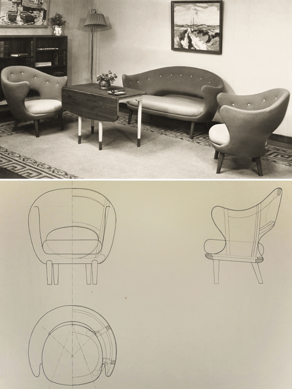 The top image shows the SW 50 series photographed in Søren Willadsen’s showroom in Vejen, where customers could experience the furniture arranged as in a private living room setting. Below are Finn Juhl’s original drawings of the Willadsen chair, then known as SW 50. Photo credit: Vejen Art Museum and Design Museum Denmark.