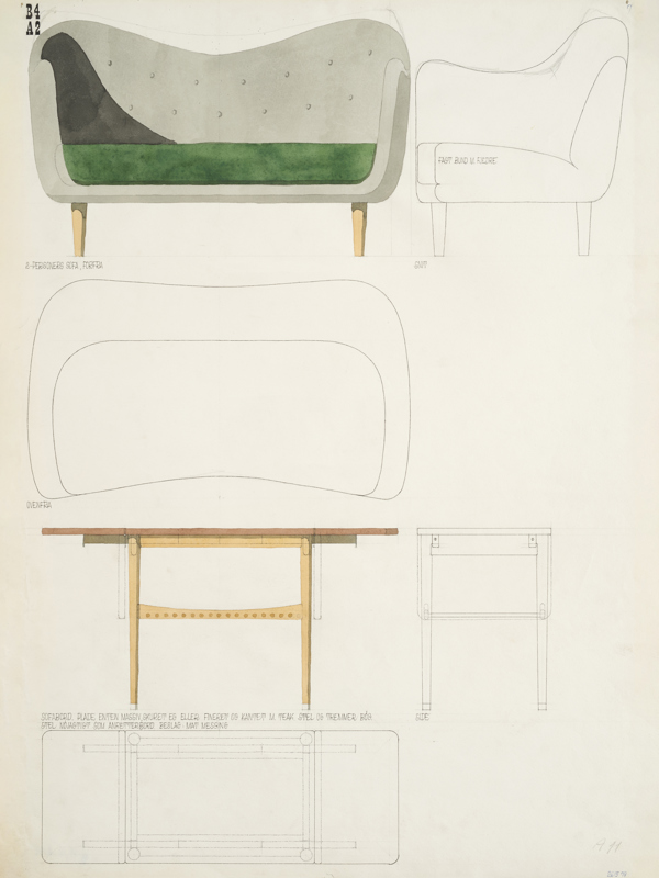 Finn Juhl's original watercolor depicting the 46 Sofa from 1946. Photo credit: Pernille Klemp, Designmuseum Danmark