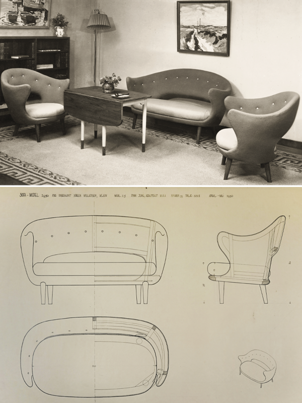The top image shows the SW 50 series photographed in Søren Willadsen’s showroom in Vejen, where customers could experience the furniture arranged as in a private living room setting. Below are Finn Juhl’s original drawings of the Willadsen sofa, then known as SW 50. Photos: Vejen Art Museum and Design Museum Denmark.
