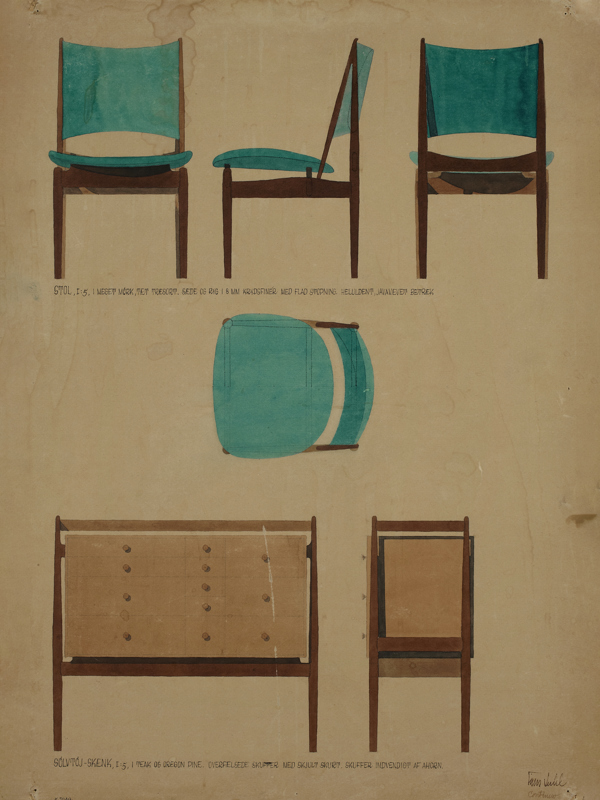 Finn Juhl's original work on paper depicting the Egyptian Chair from 1949.