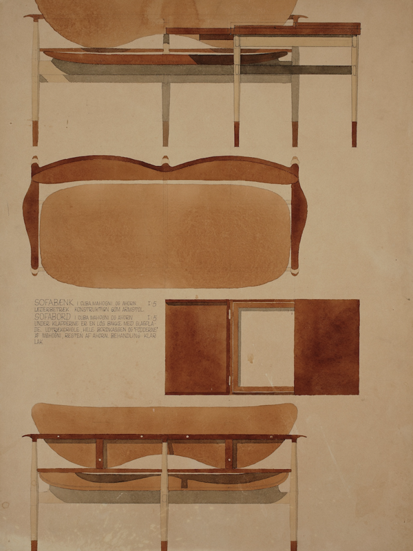 Finn Juhl's original drawing of the 48 Sofa Bench designed in 1948. Photo credit: Pernille Klemp, Designmuseum Danmark